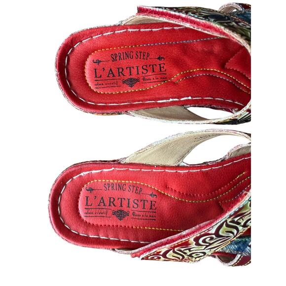 L'Artiste Sandals Spring Step Red Multi Pint Wedge Woman's 39 Strappy Adj - Picture 3 of 8
